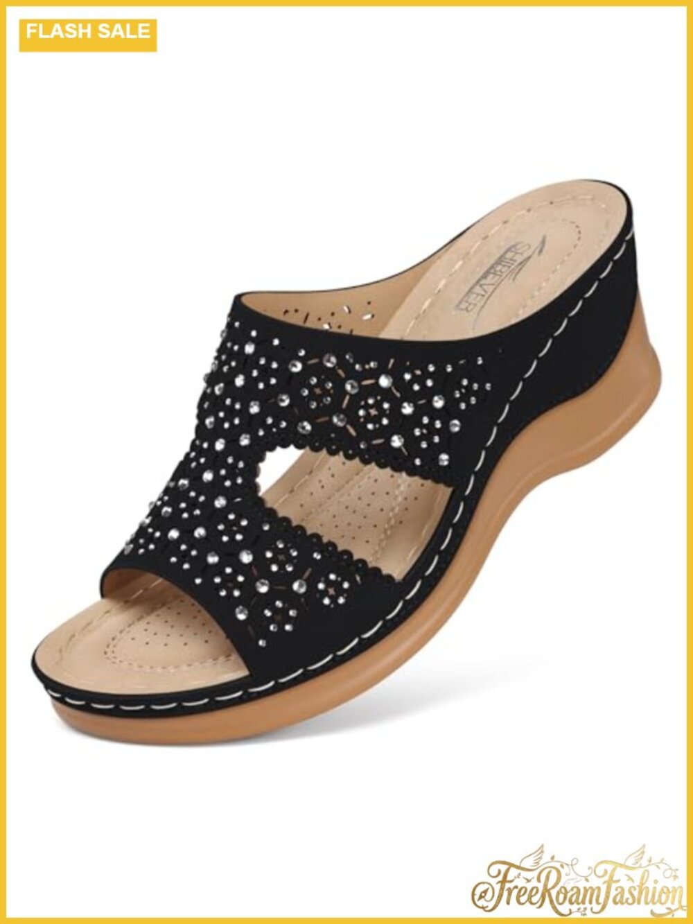 Wedge Sandals Women Slip On Comfort Low Heel Rhinestone Slingback